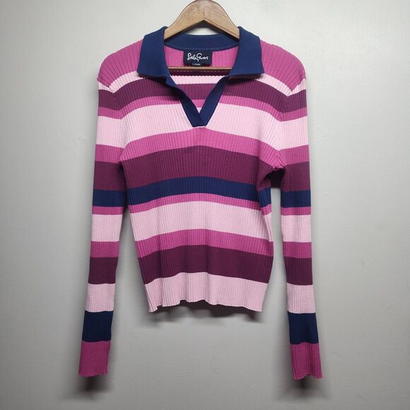 Lesley Evers Sweater Women Size 1X Pink Stripes Collared Long Sleeve Ribbed - Picture 1 of 6